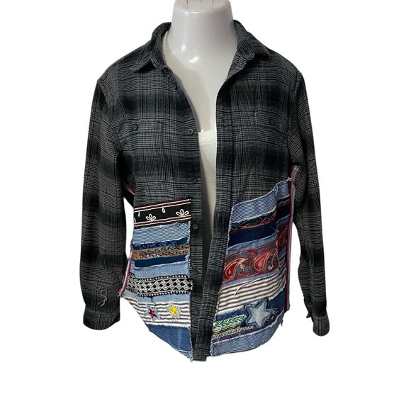 Upcycled Flannel Shirt Shacket Womens Large Skull Cowboy Jacket Grunge Patchwork - Picture 5 of 15